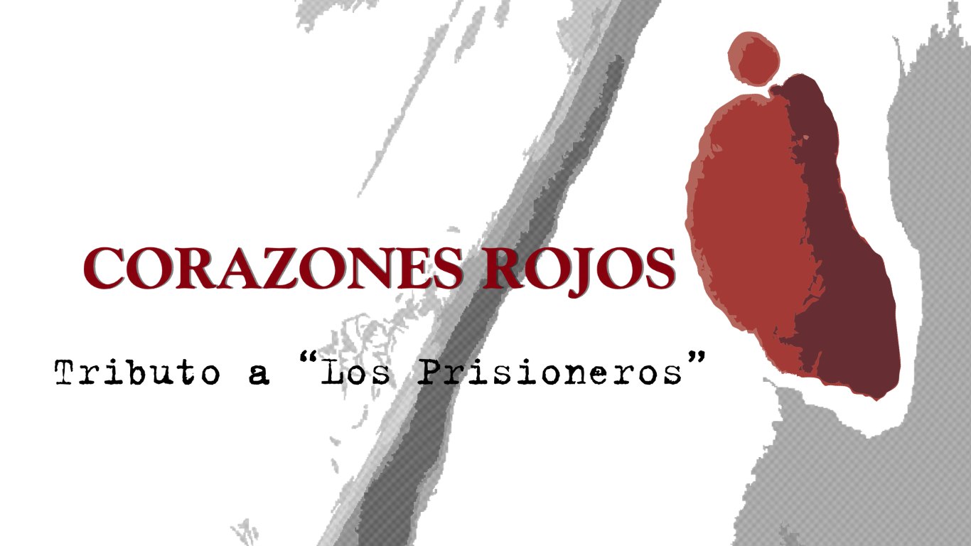 Afiche de Corazones Rojos, tributo a Los Prisioneros: título en rojo sobre fondo blanco con manchas rojas y grises.